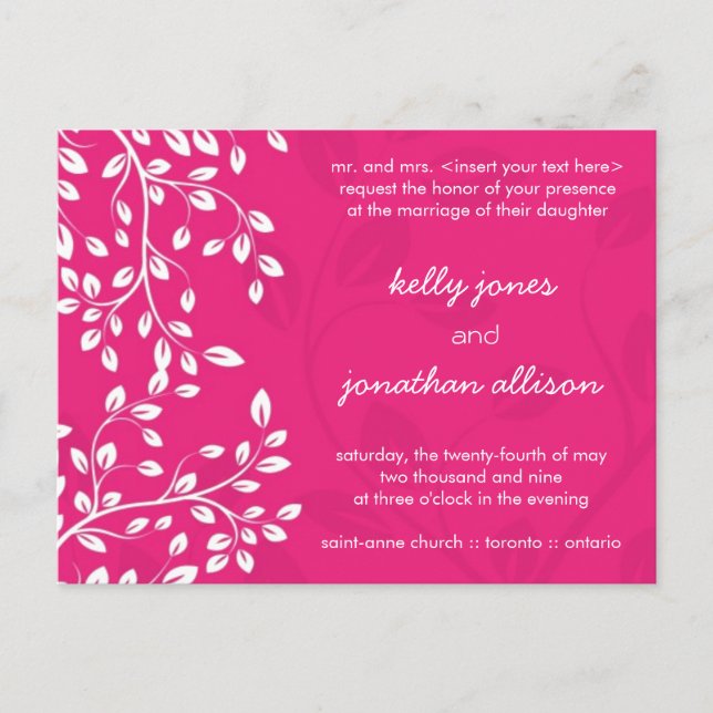 Classy Hot Pink Wedding Invitation Postcard (Front)