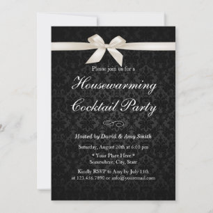 Classy Ivory Ribbon Dark Damask Housewarming Party Invitation