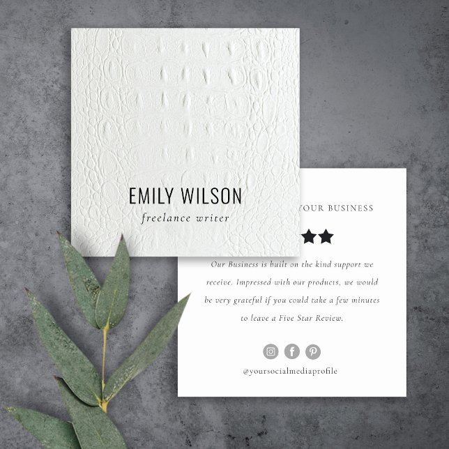 Classy Ivory White Leather Texture Review Request Square Business Card (Creator Uploaded)