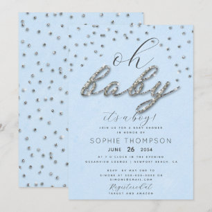 Classy Jewel Blue Sparkle Glitter Boy Baby Shower Invitation