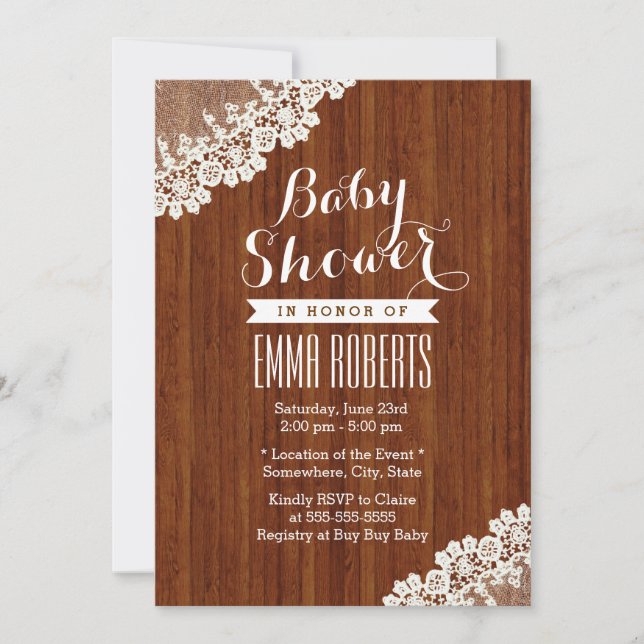 Classy Lace Corner Wood Baby Shower Invitations (Front)