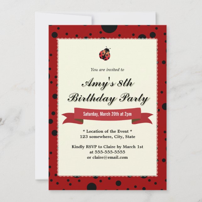 Classy Ladybug Black & Red Birthday Invitations (Front)