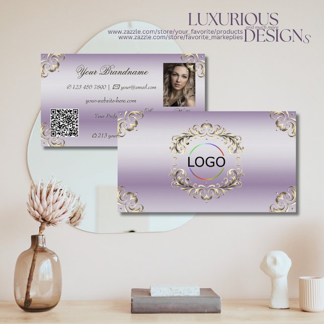 Classy Lavender Gold Ornate Logo Photo and QR Code Business Card (Creator Uploaded)