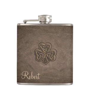 Classy leather lucky shamrock personalized hip flask