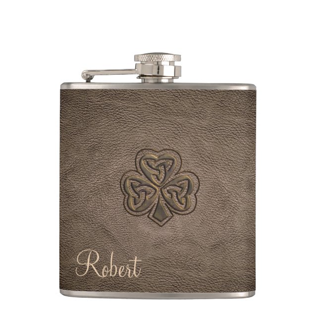 Classy leather lucky shamrock personalized hip flask (Front)