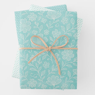 Classy Leaves Floral Art Pattern On Aqua Blue Wrapping Paper Sheet