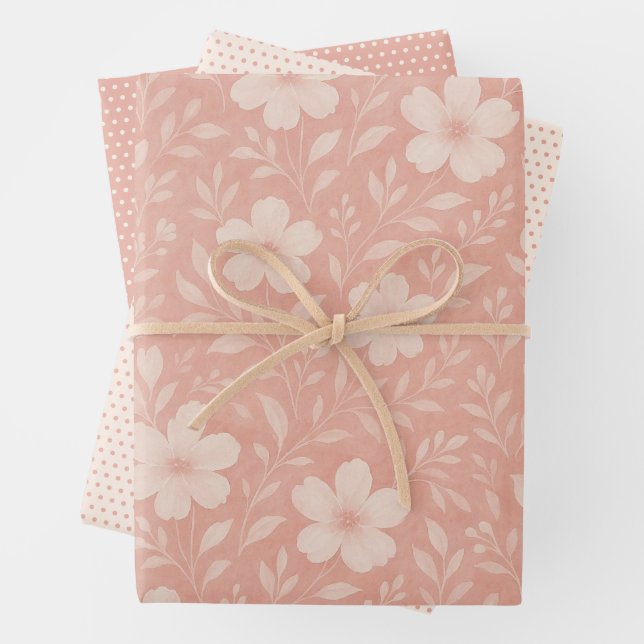 Classy Leaves Floral Art Pattern On Blush Pink Wrapping Paper Sheet (In situ)