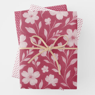 Classy Leaves Floral Art Pattern On Dark Pink Wrapping Paper Sheet