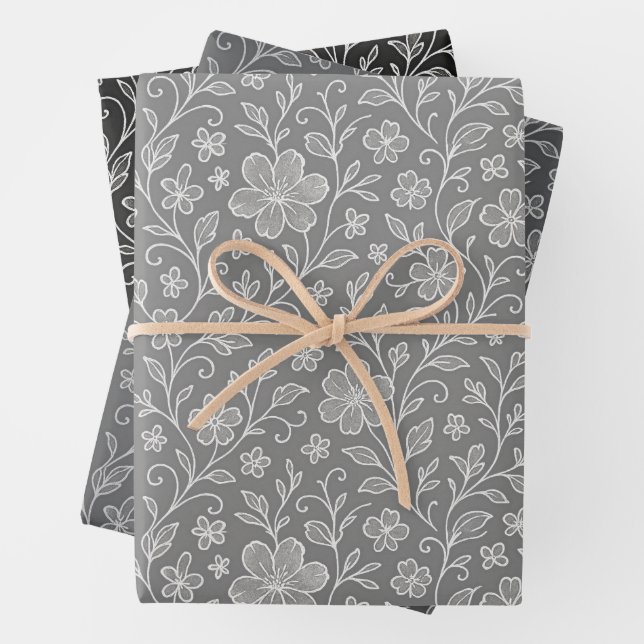 Classy Leaves Floral Art Pattern On Grey And Black Wrapping Paper Sheet (In situ)