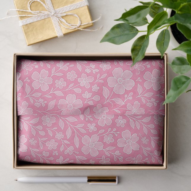 Classy Leaves Floral Art Pattern On Hot Pink Tissue Paper (Gift)