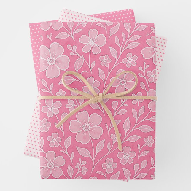 Classy Leaves Floral Art Pattern On Hot Pink Wrapping Paper Sheet (In situ)