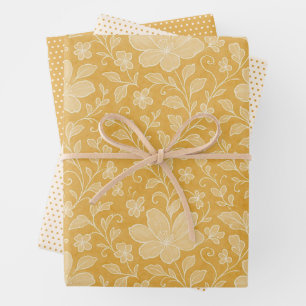 Classy Leaves Floral Art Pattern On Ochre Yellow Wrapping Paper Sheet