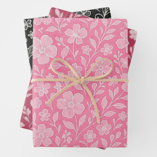 Classy Leaves Floral Art Pattern On Red Black Pink Wrapping Paper Sheet