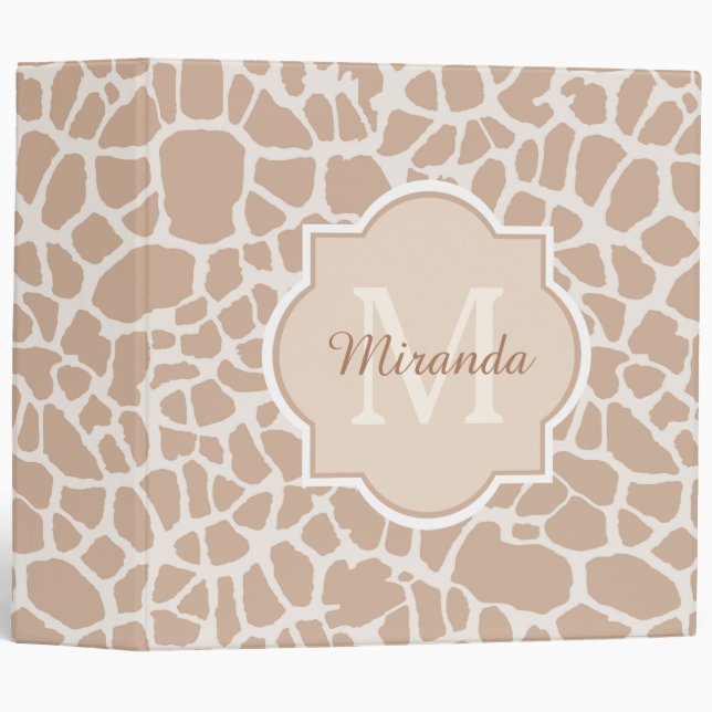 Classy Light Brown Giraffe Print Monogram and Name Binder (Front/Spine)