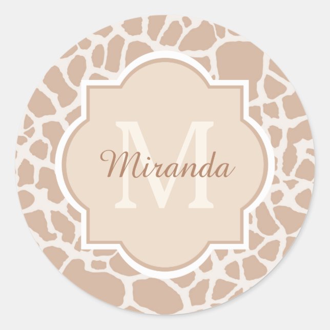 Classy Light Brown Giraffe Print Monogram and Name Classic Round Sticker (Front)