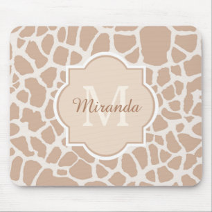 Classy Light Brown Giraffe Print Monogram and Name Mouse Pad