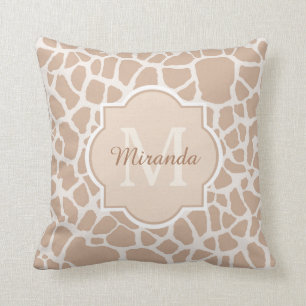 Classy Light Brown Giraffe Print Monogram and Name Throw Pillow