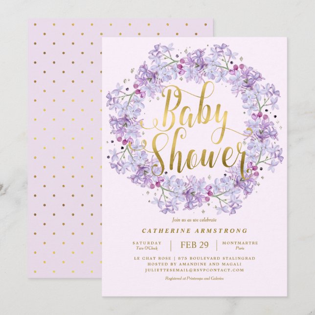 Classy Light Purple Gold Floral Wreath Baby Shower Invitation