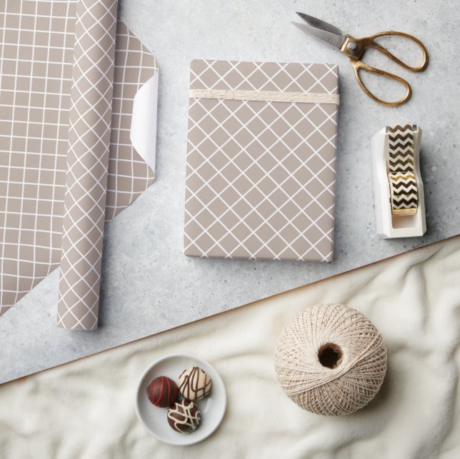 Classy Light Taupe Grey Brown White Check Pattern Wrapping Paper (Crafts)