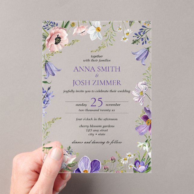 Classy Lilac Lavender Wildflowers Elegant Wedding Acrylic Invitations (Insitu (Handheld))