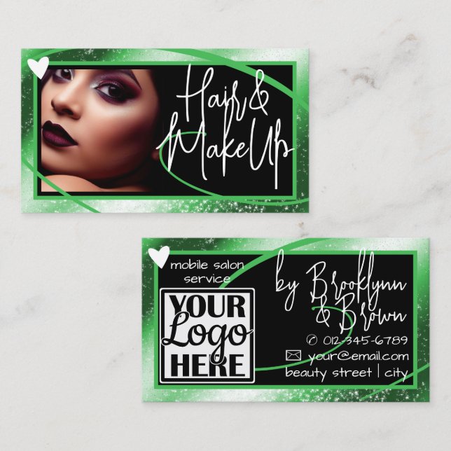 Classy Logo Photo Stylish Green Frame Heart Luxe Business Card (Front/Back)