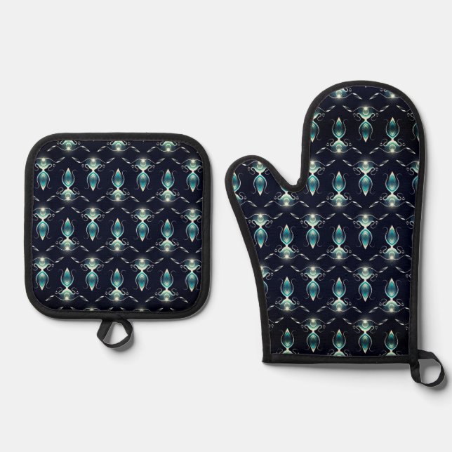 Classy Look of Blue Gems with Glowing Light Oven Mitt & Pot Holder Set (Front)