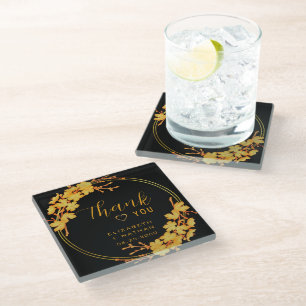 Classy Luxury Black Gold Floral Wedding Thank You Glass Coaster