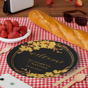Classy Luxury Black & Gold Floral Welcome Paper Plate
