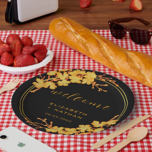 Classy Luxury Black & Gold Floral Welcome Paper Plate (Picnic)