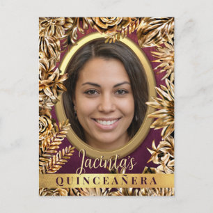 Classy Luxury Gold Floral Custom Photo Quinceañera Invitation Postcard