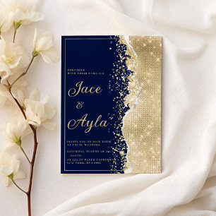 Classy luxury navy blue gold glitter Wedding Invitation