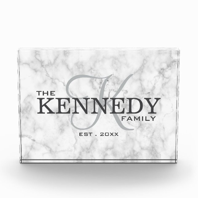 Classy Marble Family Monogram Last Name Typography Photo Block (Front)