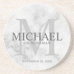 Classy Marble Personalized Groomsmen Coaster<br><div class="desc">Add a personal touch to your wedding with personalized groomsmen coaster. This coaster features personalized groomsman's name with title and wedding date in grey and monogram in light grey as background, in classic serif font style on white marble background. Also perfect for best man, father of the bride, ring bearer...</div>