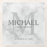 Classy Marble Personalized Groomsmen Glass Coaster<br><div class="desc">Add a personal touch to your wedding with personalized groomsmen glass coaster. This coaster features personalized groomsman's name with title and wedding date in grey and monogram in light grey as background, in classic serif font style, on white marble background. Also perfect for best man, father of the bride, ring...</div>