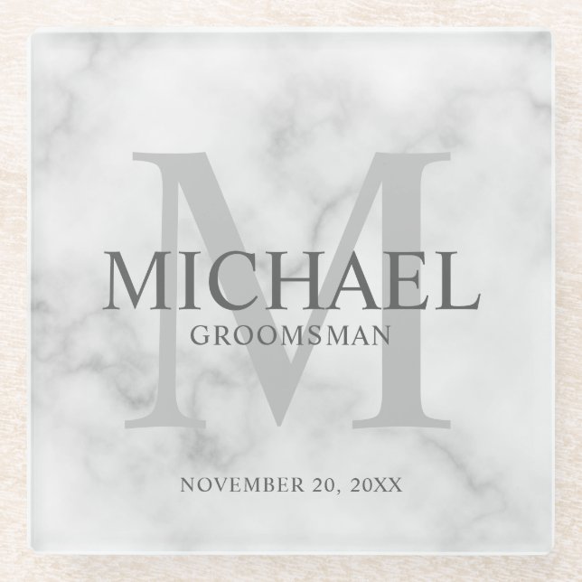 Classy Marble Personalized Groomsmen Glass Coaster (Front)