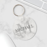 Classy Marble Personalized Monogram and Name Keychain<br><div class="desc">Personalized Monogram and Name Gift
features personalized name in grey and monogram in light grey as background,  in classic serif font style,  
on white marble background.

Perfect as holiday gift,  family reunion favours,  thank you gift for groomsmen and gift for any special occasions.</div>