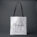 Classy Marble Script Personalized Bridesmaids Tote Bag<br><div class="desc">Add a personal touch to your wedding with personalized bridesmaids gift tote bag. This tote bag features personalized bridesmaid's name in grey modern script font style and monogram in light grey modern script font style as background with title and wedding date in grey modern sans serif font style on white...</div>