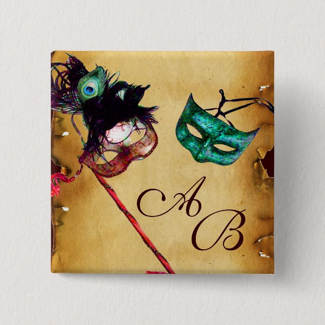 CLASSY MARDI GRAS MASQUERADE PARTY MONOGRAM 2 INCH SQUARE BUTTON (Front)