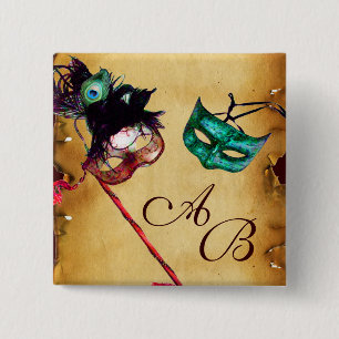 CLASSY MARDI GRAS MASQUERADE PARTY MONOGRAM 2 INCH SQUARE BUTTON