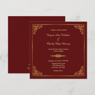 Classy Maroon Red Gold Frame Wedding Invitation