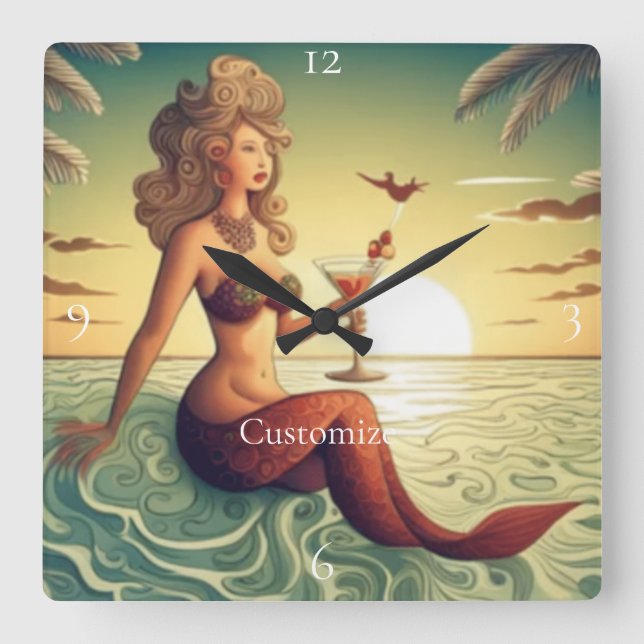 Classy Martini Mermaid Thunder_Cove  Square Wall Clock (Front)