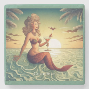 Classy Martini Mermaid Thunder_Cove Stone Coaster