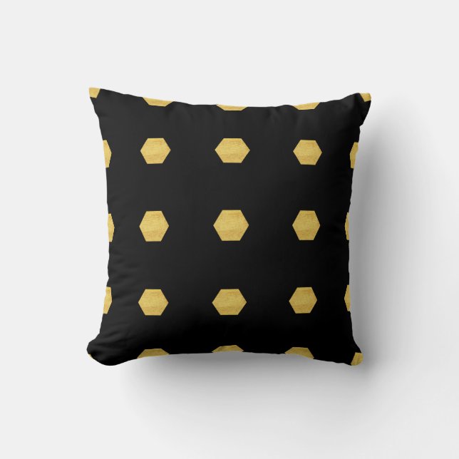 Classy Matte Gold Hexagons Pattern on Black Throw Pillow (Front)