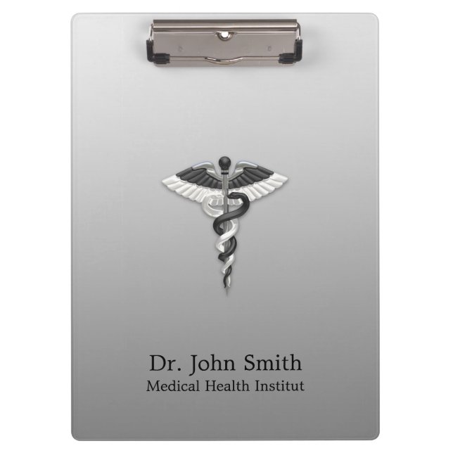 Classy Medical Elegant Noble Black White Caduceus Clipboard (Front)
