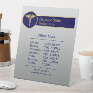 Classy Medical Gold Caduceus Blue Opening Hours Pedestal Sign