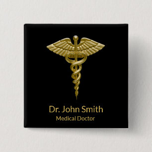 Classy Medical Gold Caduceus on Black - Button