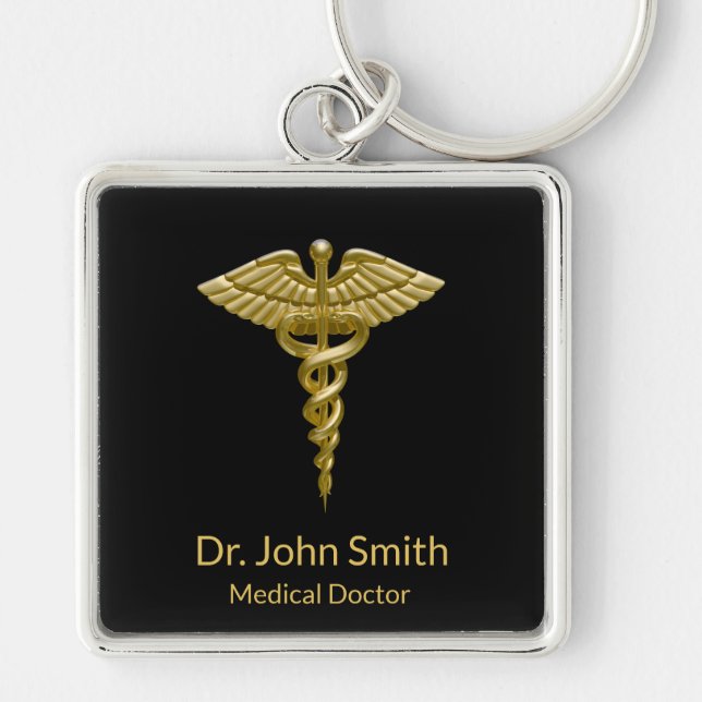 Classy Medical Gold Caduceus on Black - Keychain (Front)