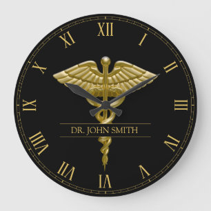 Classy Medical Gold Caduceus on Black Large Clock