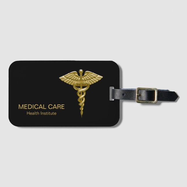 Classy Medical Gold Caduceus on Black Luggage Tag (Front Horizontal)