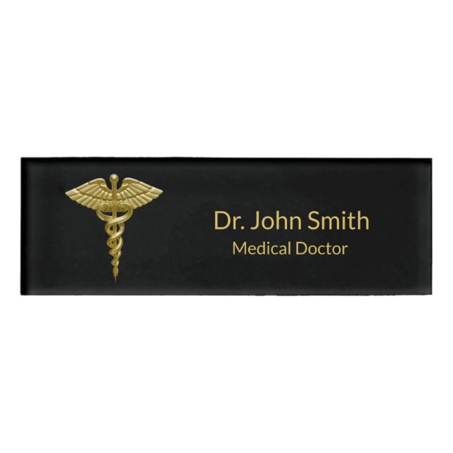 Classy Medical Gold Caduceus on Black - Name Tag (Front)